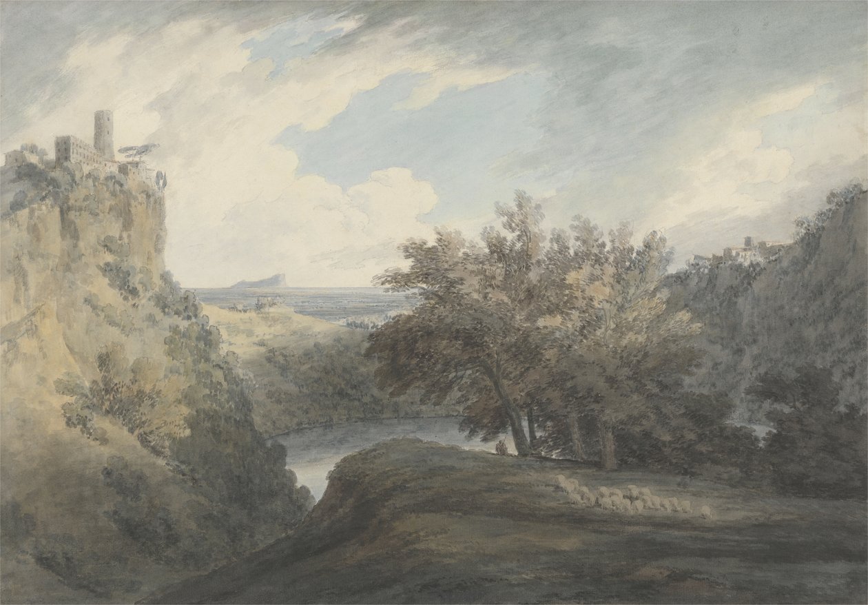 Nemi-søen, ca. 1783-85 (grafit og akvarel på vævet papir) af John Robert Cozens