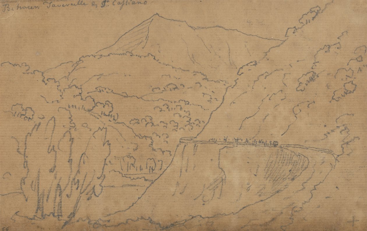 Øverst: Mellem Tavernelle og Capriano; Nederst: Bolsena-søen (grafit på lagt papir) af John Robert Cozens