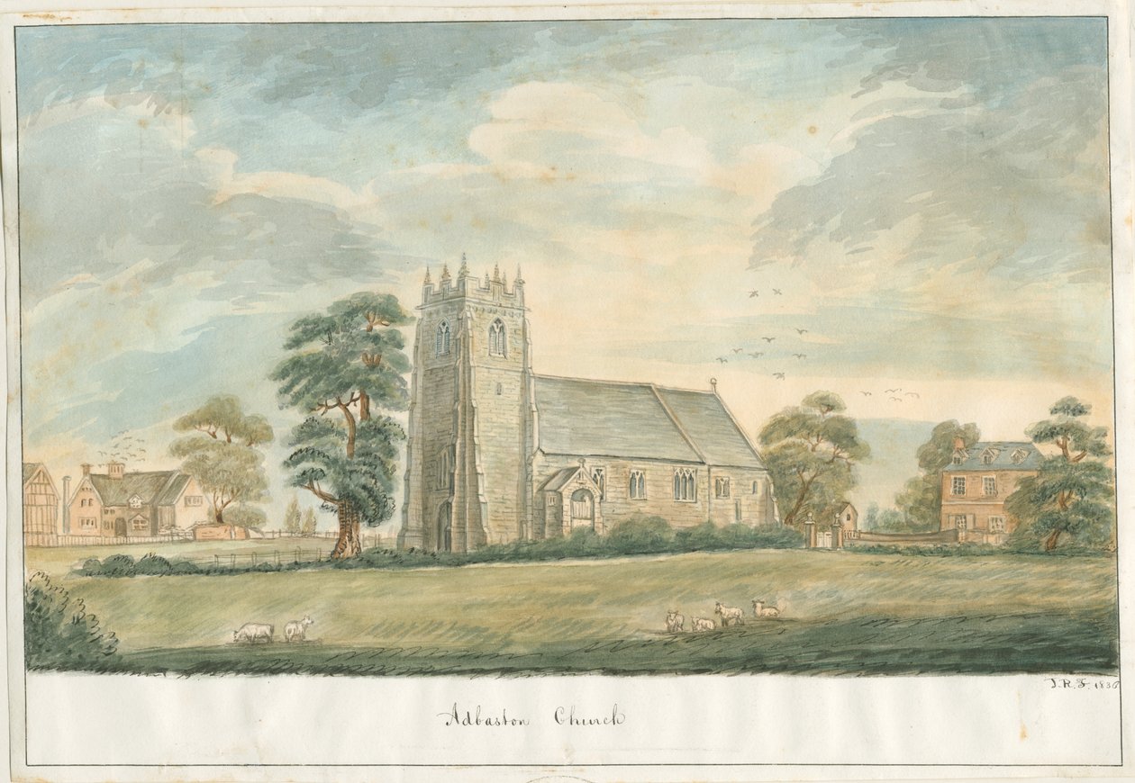 Adbaston Church: pen og vask tegning, 1836 af John Robert Fernyhough