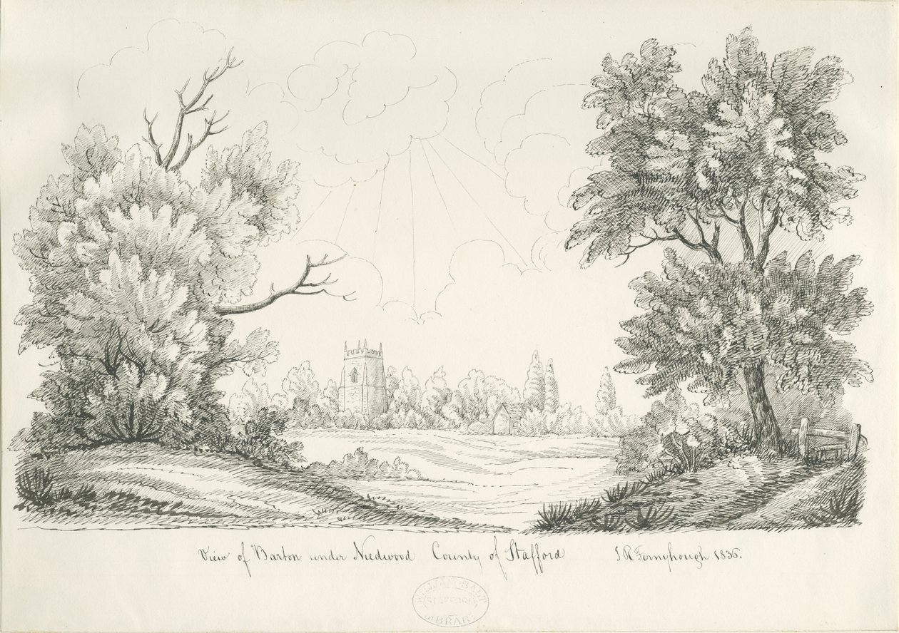 Barton under Needwood Village: pen and ink drawing, 1836dani af John Robert Fernyhough