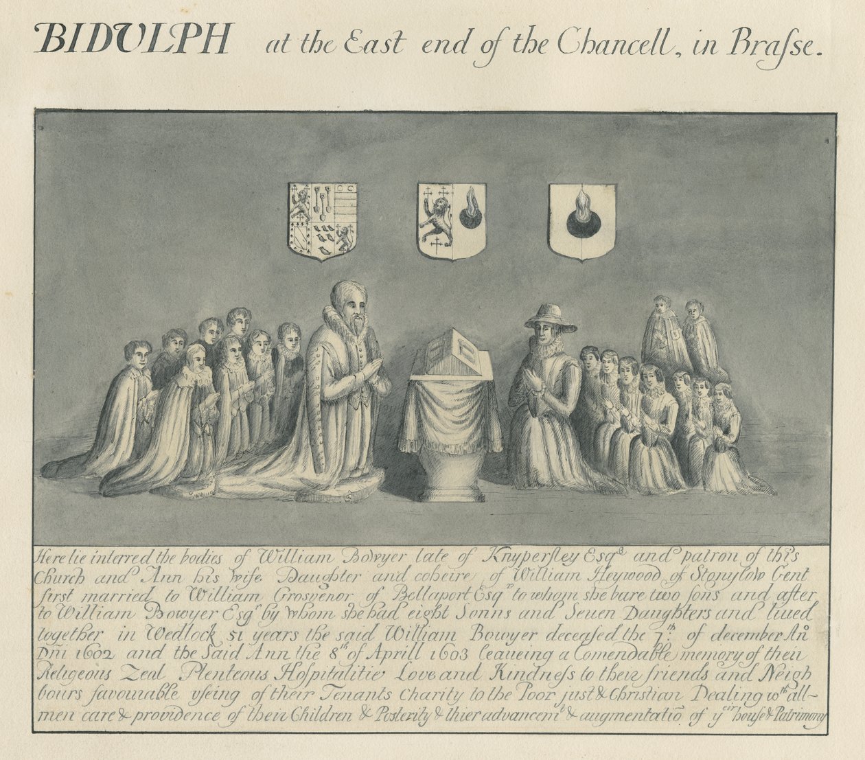 Messingplade i Biddulph Church - William Bowyer fra Knipersley: tegning med pen og vask, nd [?19. århundrede] (tegning) af John Robert Fernyhough