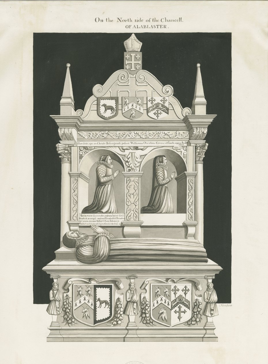 Eccleshall Church - Biskop William Overtons grav: sepia tegning, nd [19. århundrede] (tegning) af John Robert Fernyhough