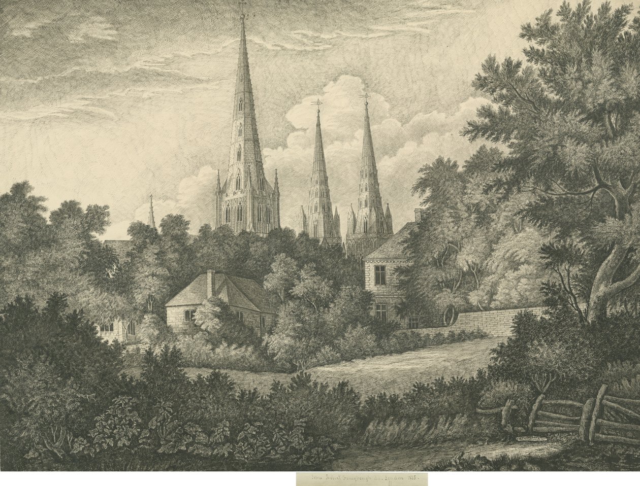 Lichfield Cathedral - North East View: pen- og blæktegning, 1835 af John Robert Fernyhough