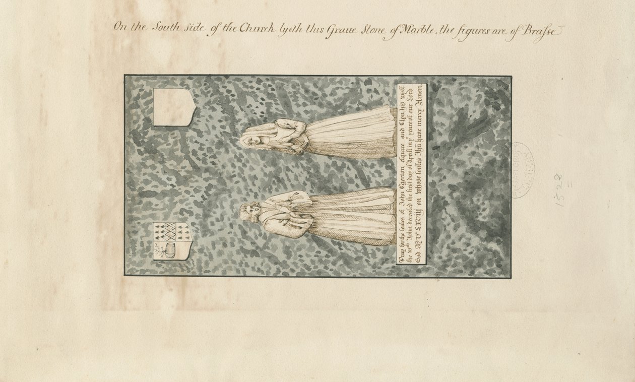 Madeley Church - John Egertons gravsten: tegning med pen og blækvask, nd [1800-tallet] af John Robert Fernyhough