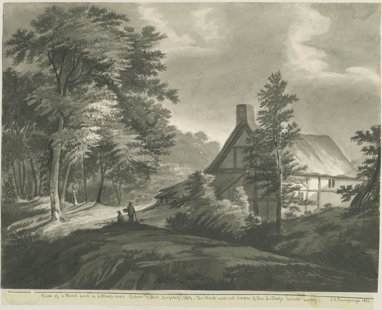 Rugeley - Cottage nær Etchinghill: mørk sepia vask tegning, 1835 af John Robert Fernyhough