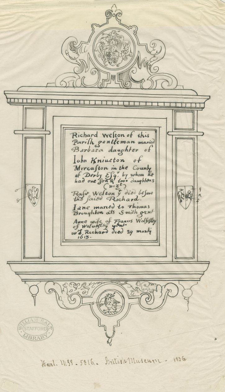Rugeley Church (gamle) - Monument til Richard Weston: pen- og blæksporing af John Robert Fernyhough