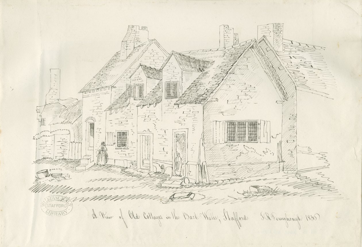Stafford - Old Cottage in Back Walls: pen and ink drawing, 1836dani af John Robert Fernyhough