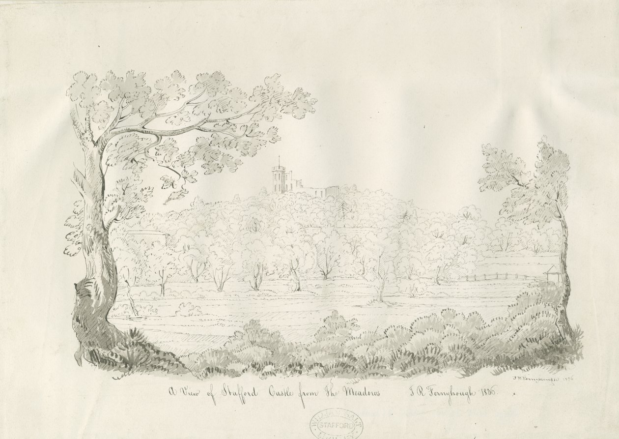 Stafford Castle - East View: pen og sepia tegning af John Robert Fernyhough