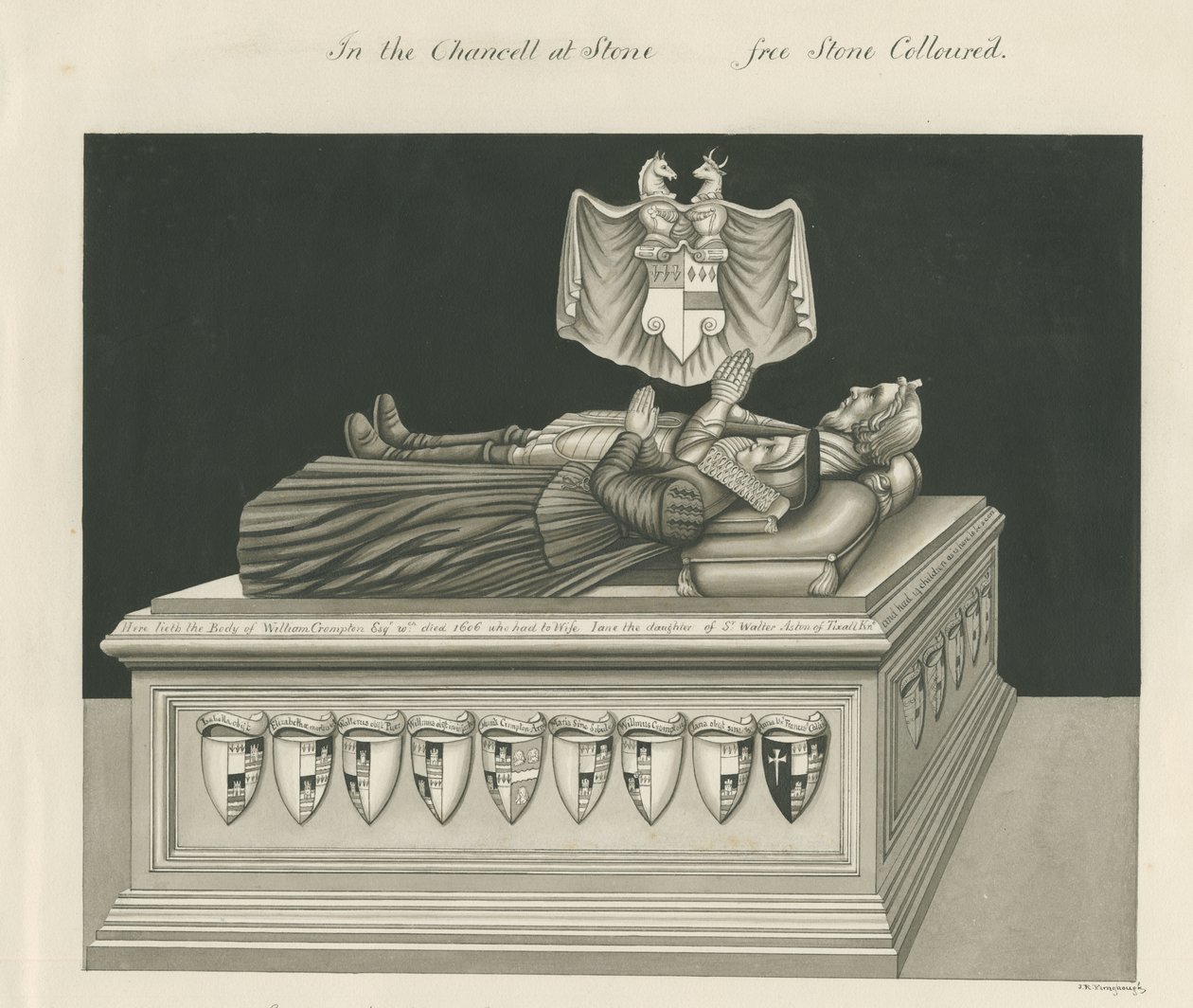 Stone - Tomb of William Crompton: sepia tegning, nd [1800-tallet] af John Robert Fernyhough