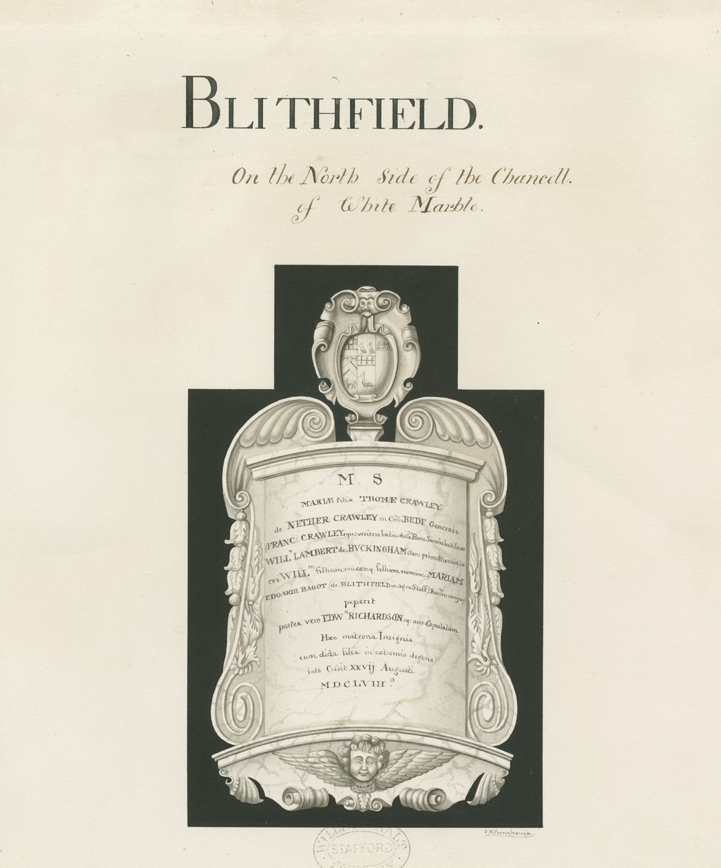 Tablet i Blithfield Church - Mary Crawley: sepia vask, nd [?19th cent] (tegning) af John Robert Fernyhough