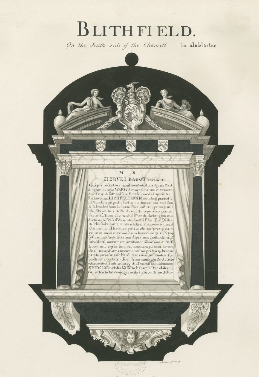 Tablet i Blithfield Church - Sir Hervey Bagot, Bart.: sepia-tegning, nd [?19th cent] (tegning) af John Robert Fernyhough