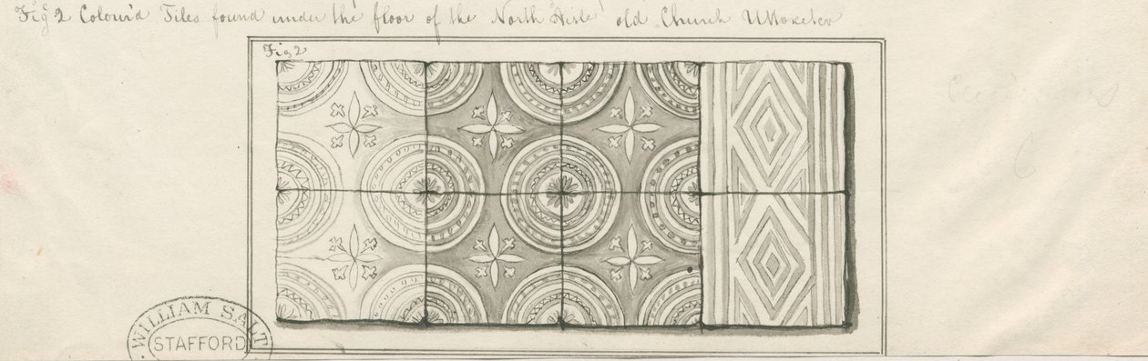 Uttoxeter Church - Farvede fliser fundet under gulvet i North Aisle: pen og vask tegning, nd [?midten af det 19. århundrede] af John Robert Fernyhough