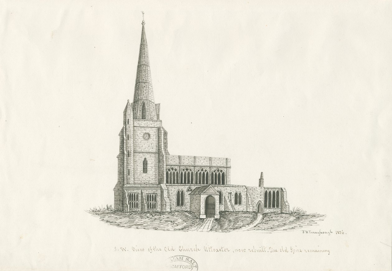 Uttoxeter kirke [gammel]: pen- og blæktegning, 1836 af John Robert Fernyhough