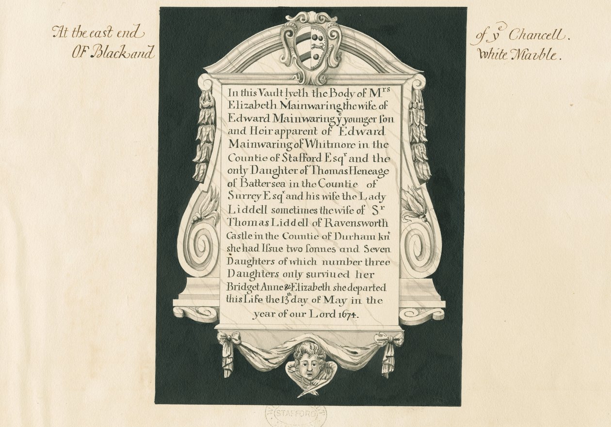 Whitmore Church - Tablet til Mrs. Elizabeth Mainwaring: pen og vask tegning, nd [19. århundrede] af John Robert Fernyhough