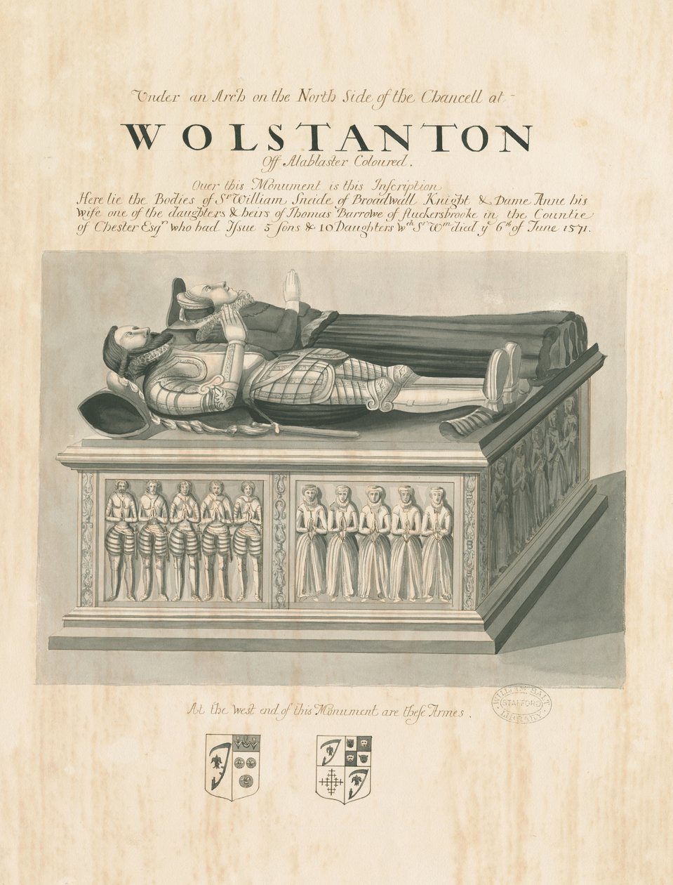 Wolstanton Church - Sir William Sneides og Dame Annes grav: sepia- og pentegning, nd [?19. århundrede] (tegning) af John Robert Fernyhough