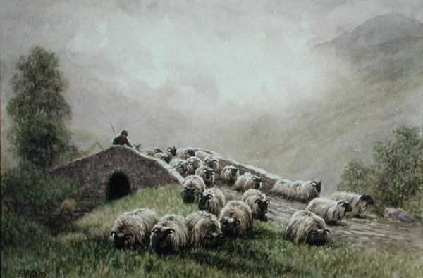Highland Bridge med hyrde og flok (akvarel på papir) af John Robert Keitley Duff