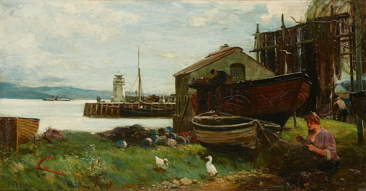 Mending the Nets, Ardrishaig (olie på lærred) af John Robertson Reid