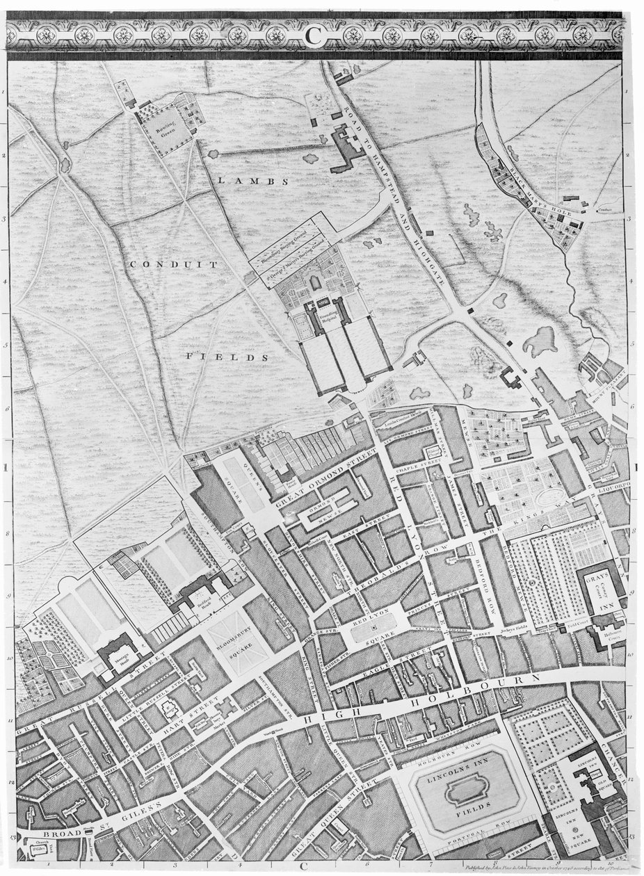 Et kort over Bloomsbury og Holborn, London, 1746 af John Rocque