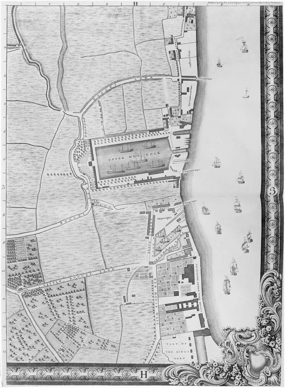 Et kort over Lower Rotherhithe Docks, London, 1746 (gravering) af John Rocque