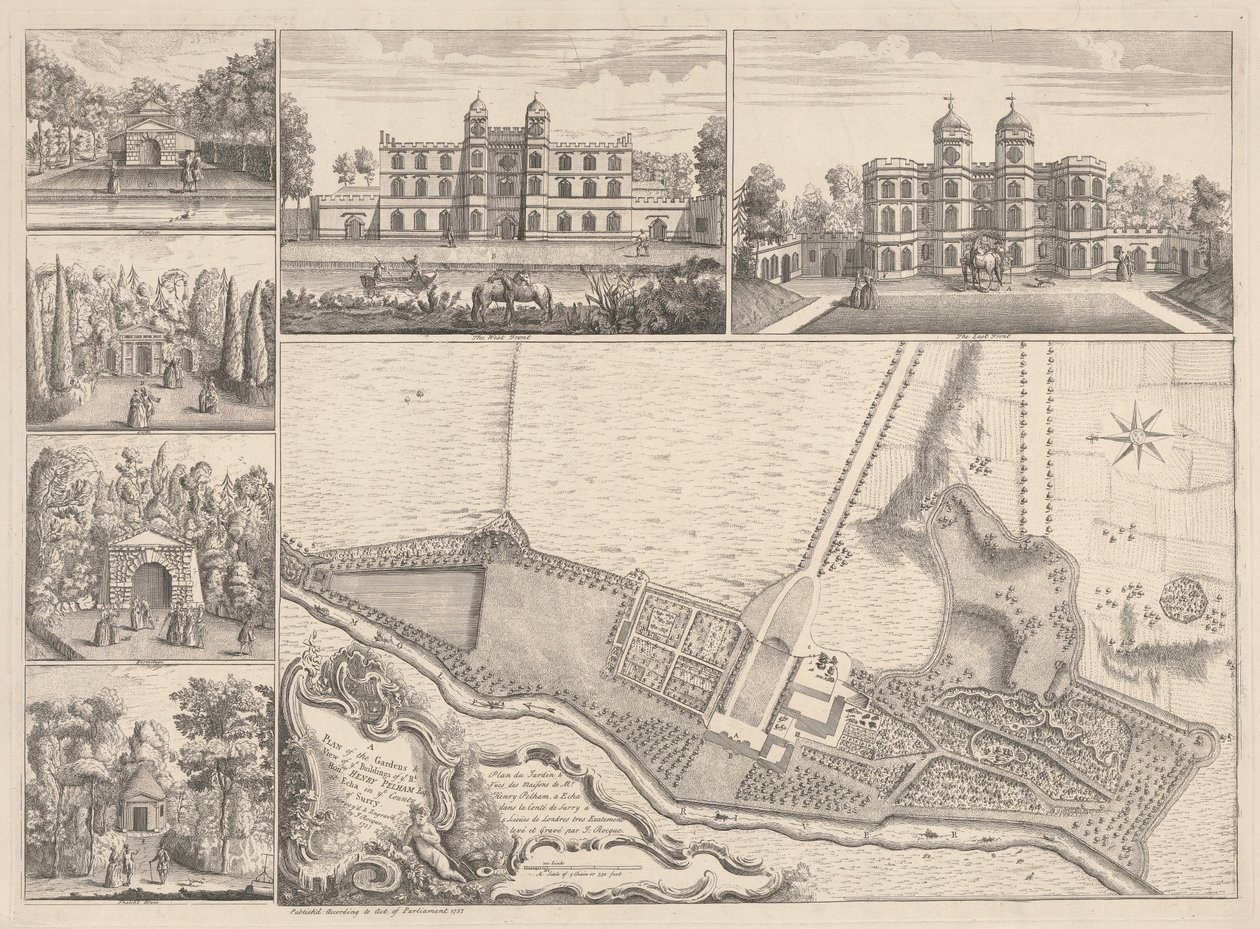 A Plan of the Gardens & View of Ye Buildings of ye Right Ærede Henry Pelham, Esqr. ved Echa i Ye County of Surrey af John Rocque
