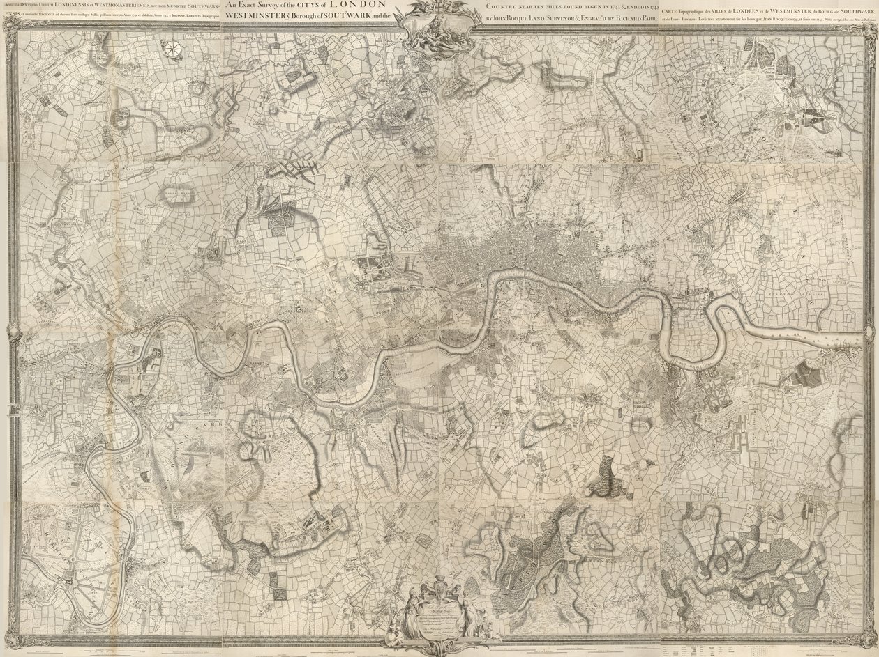 Et kort over london fra det 18. århundrede. En nøjagtig undersøgelse af byens London, Westminster ye Borough of Southwark og landet i nærheden af ti miles rundt begyndte i 1741 og sluttede i 1745 / af John Rocque landinspektør & (indgraveret) af Richard Pa af John Rocque