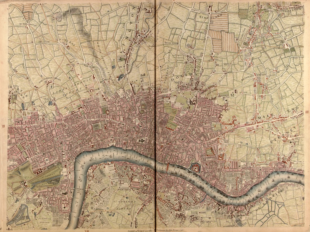 "En nøjagtig opmåling af byerne London og Westminster, bydelen Southwark, med landet næsten ti miles rundt", ca. 1746 (stik) af John Rocque