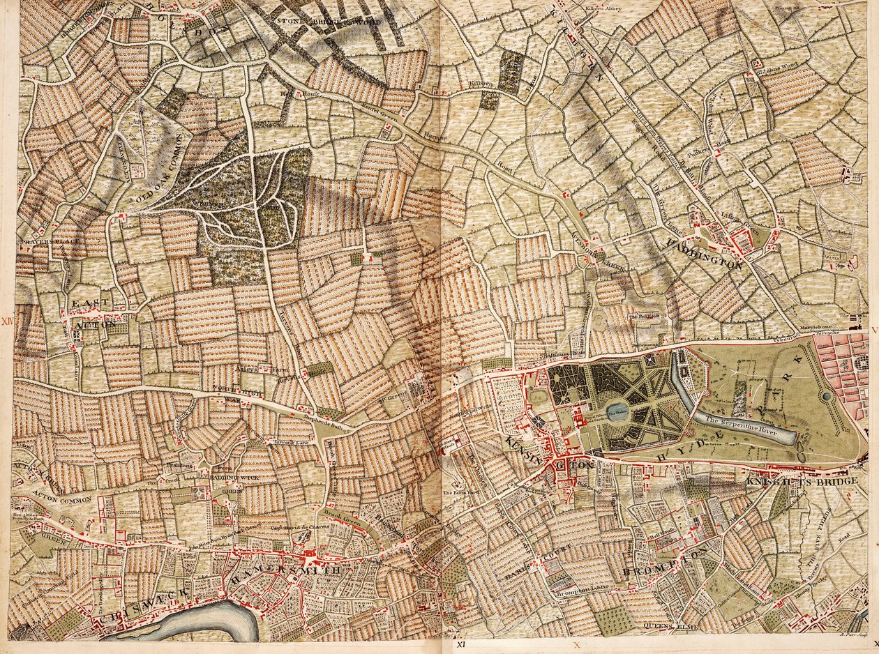Kort over Acton, Paddington, Hyde Park og Kensington af John Rocque