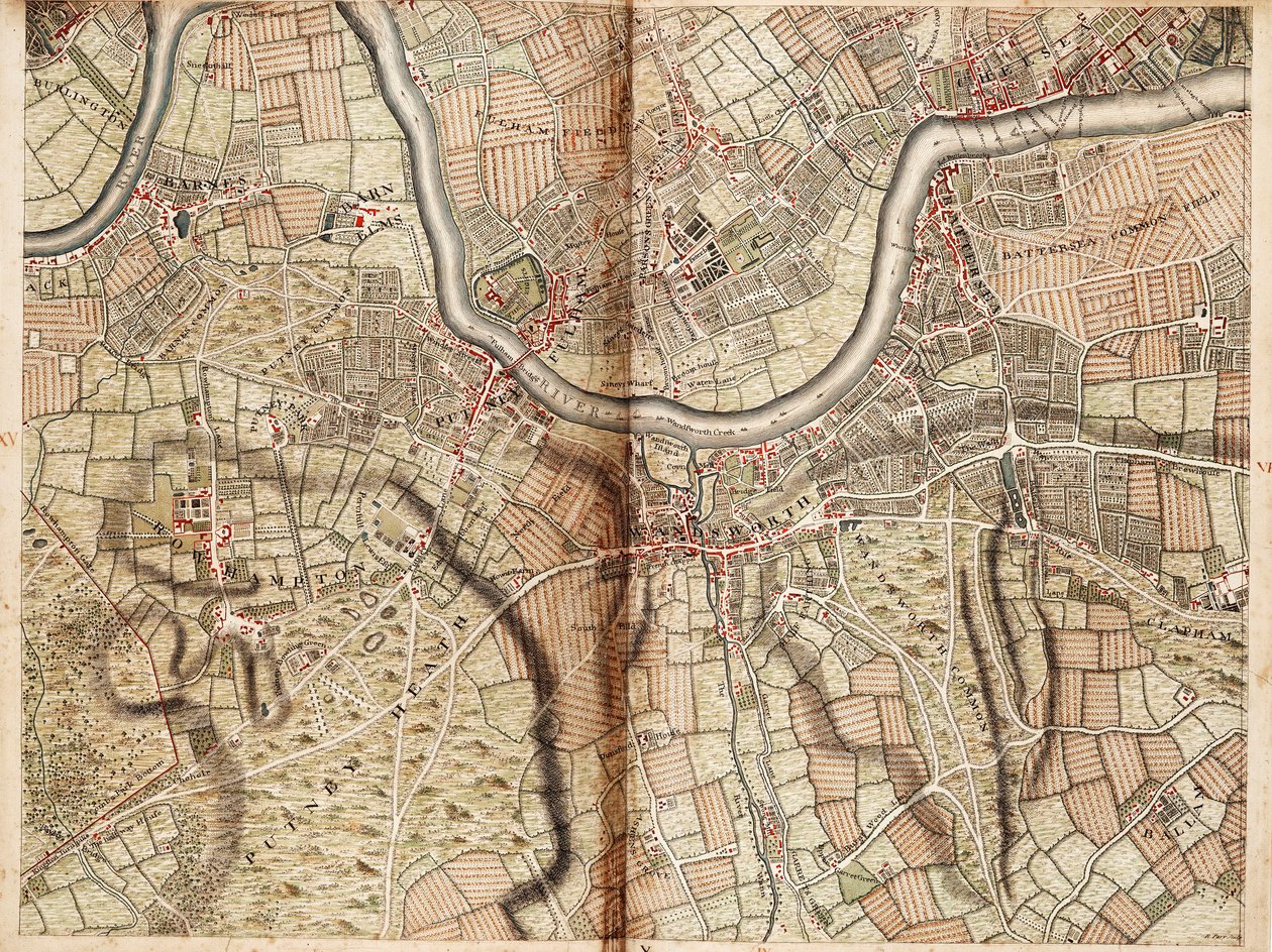 Kort over Barnes, Battersea, Putney og Wandsworth af John Rocque