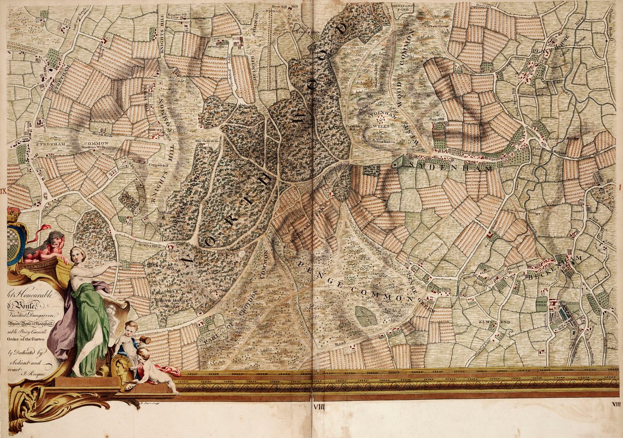 Kort over Streatham, Croydon og Sydenham af John Rocque