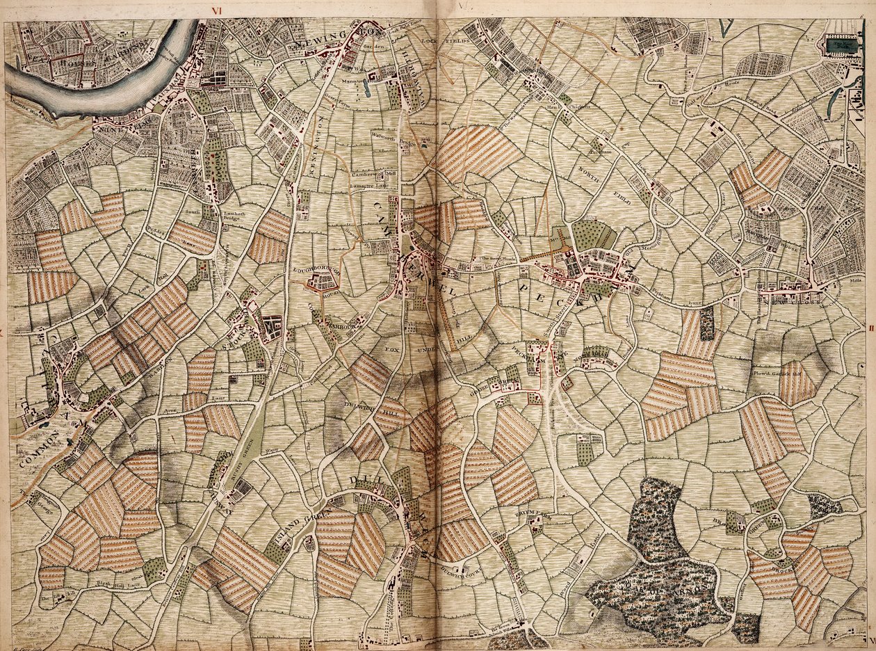 Kort over Vauxhall, Clapham, Peckham og Dulwich af John Rocque