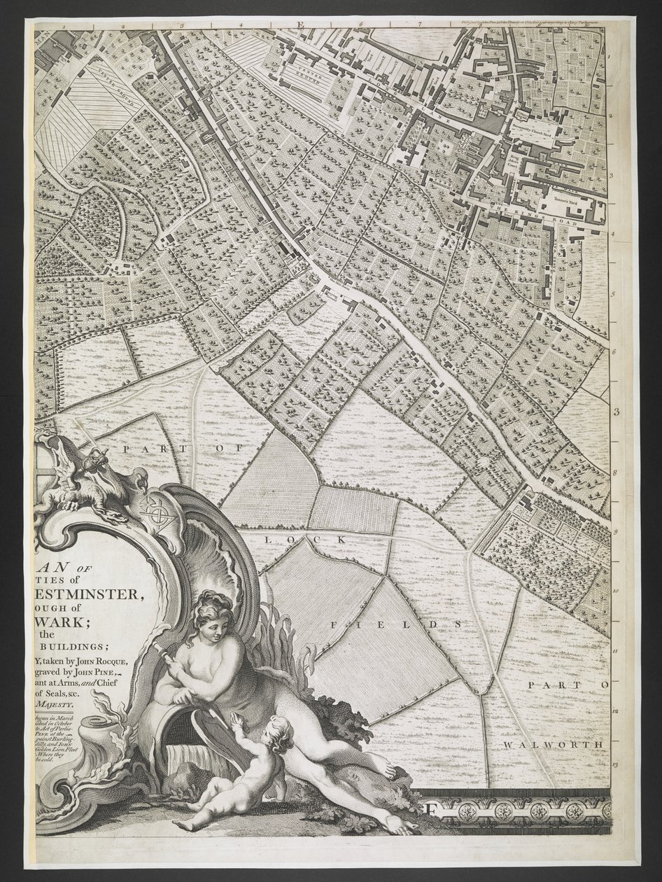 Plan over London, del af Lock fields,  En plan over byerne London og Westminster og bydelen Southwark; : med de sammenhængende bygninger; Fra en faktisk undersøgelse, / taget af JOHN ROCQUE, Land-Surveyor, og graveret af John Pine,  John Rocque af John Rocque