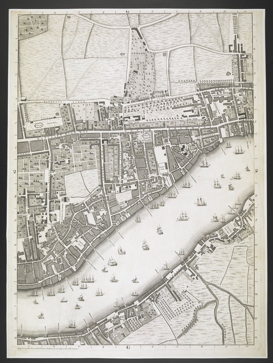 Plan over London, Ratcliff motorvej, Upper Shadwell road,  En plan over byerne London og Westminster og bydelen Southwark; : med de sammenhængende bygninger; Fra en faktisk undersøgelse, / taget af JOHN ROCQUE, Land-Surveyor, og graveret af John Pine,  J af John Rocque