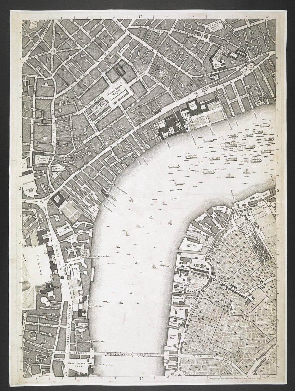 Plan over London, The Strand, Westminster bridge,  En plan over byerne London og Westminster og bydelen Southwark; : med de sammenhængende bygninger; Fra en faktisk undersøgelse, / taget af JOHN ROCQUE, Land-Surveyor, og graveret af John Pine,  John Rocq af John Rocque