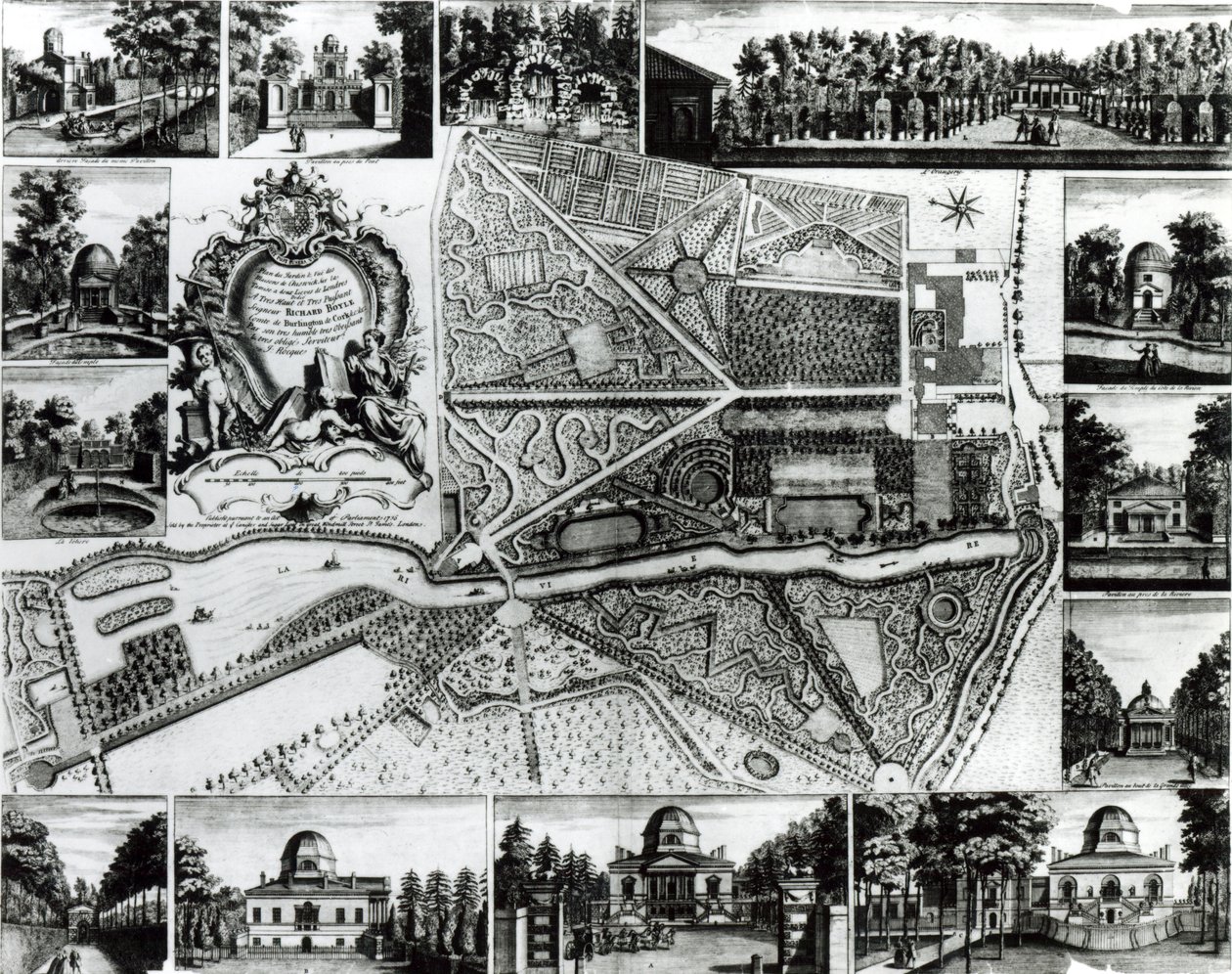 Plan over haven og udsigt over husene ved Chiswick på Themsen af John Rocque