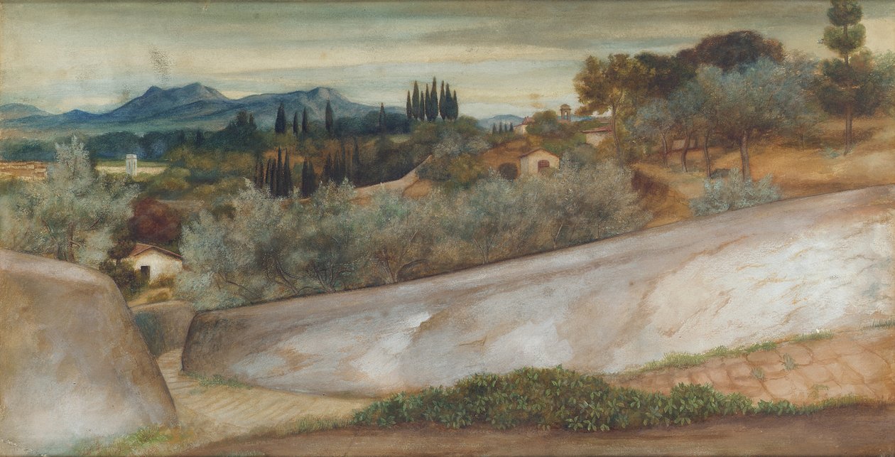Et toscansk landskab med landsby og olivenlund af John Roddam Spencer Stanhope