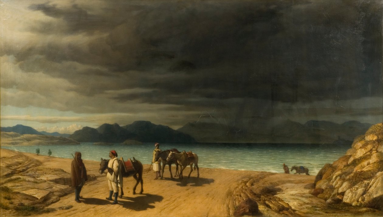 Landskab med sø og græske soldater af John Rogers Herbert