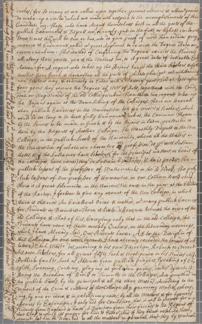 Et brev fra John Row, en elev ved St. Andrews, til sin onkel, 1691 af John Row
