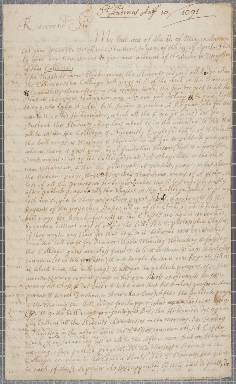 Et brev fra John Row, en elev ved St. Andrews, til sin onkel, 1691 af John Row