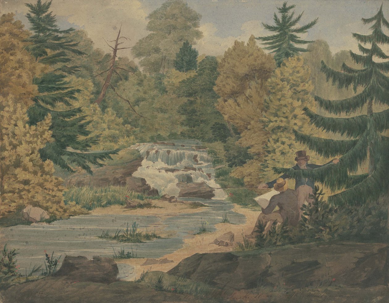 Udsigt over det andet vandfald ved Sawkill River, ca. 1840 (akvarel og blæk på vævet papir) af John Rubens Smith