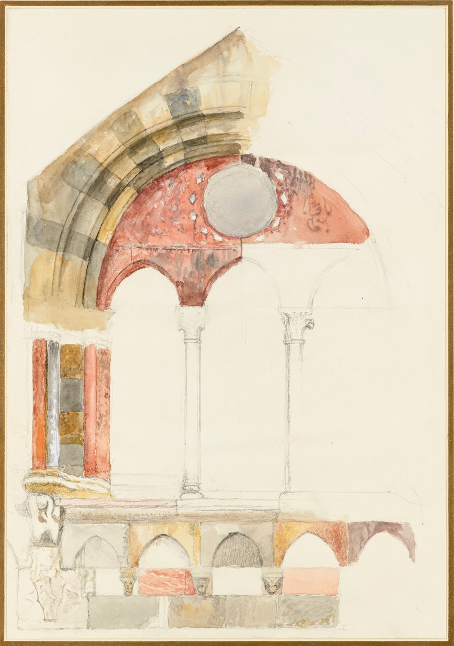 A Window of the Broletto, Como: hurtig skitse i farver, der viser metode til indlægning af marmor, 1869 af John Ruskin