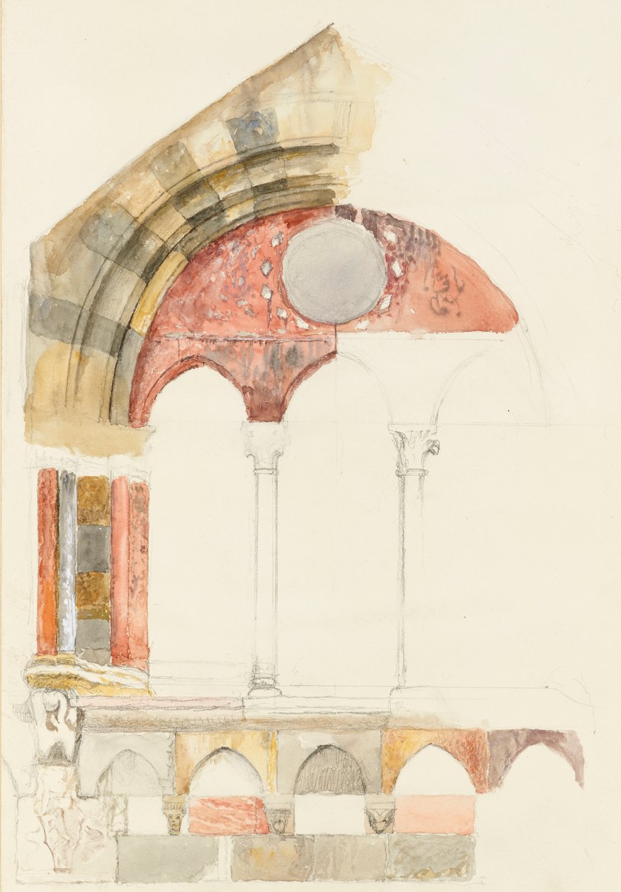 A Window of the Broletto, Como: Hurtig skitse i farver, der viser metode til indlægning af marmorkugler, august 1869? (akvarel og kropsfarve over grafit på vævet papir) af John Ruskin