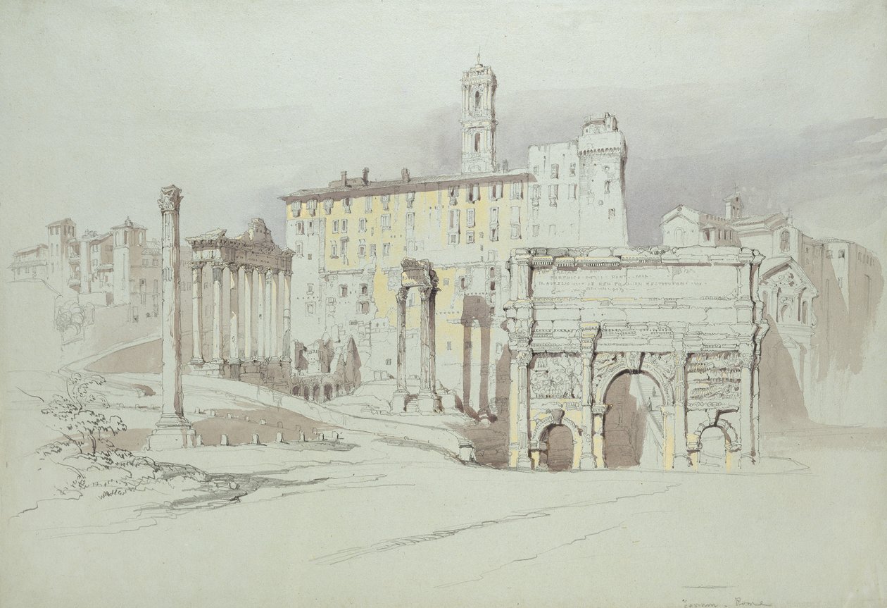 Et vindue i Palazzo Tolomei, Siena, der viser den uhøflige og usymmetriske placering af massive sten, 25. - 27. juni 1870 (akvarel og kropsfarve over grafit på blåt vævet papir) af John Ruskin