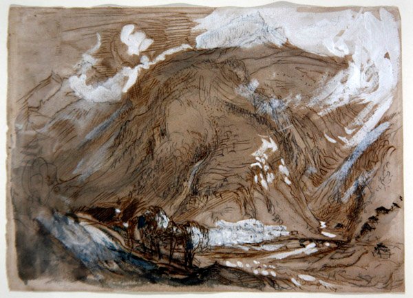 Alpine Valley, ca. 1854 (blyant, blæk og akvarel forhøjet med hvidt på papir) af John Ruskin
