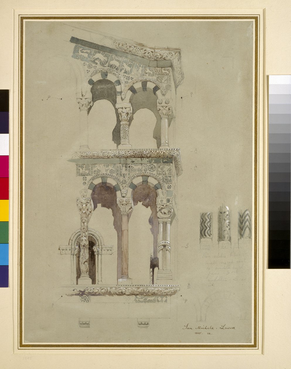 Detalje af facaden af San Michele i Foro, Lucca, 1845 wc på papir af John Ruskin