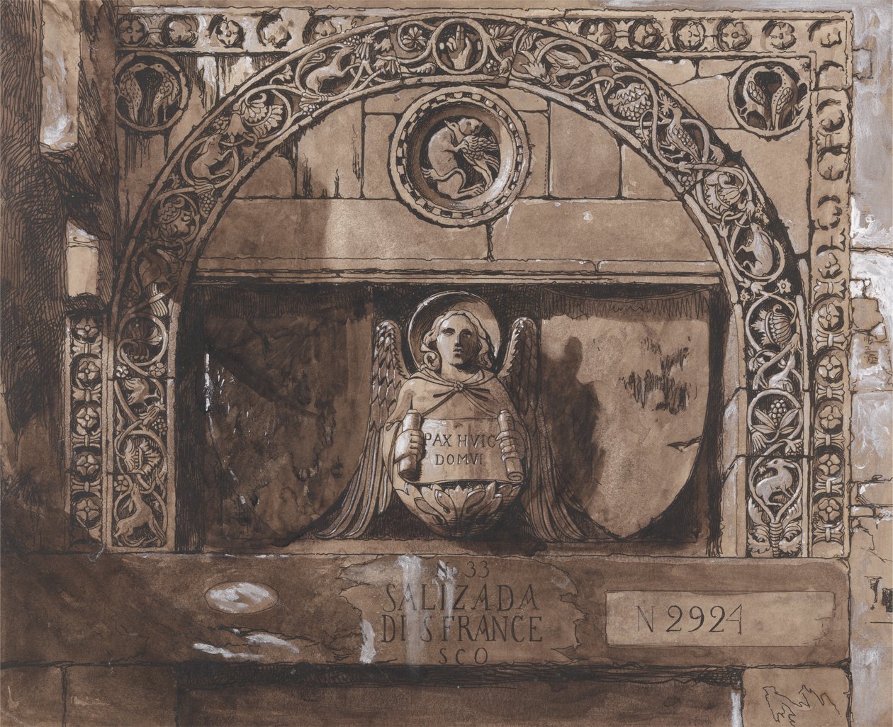 Dørhoved til Palazzo Contarini della Porta di Ferro (pen, blæk, vask og bc på papir) af John Ruskin