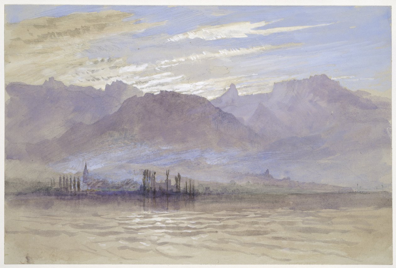 Morgen om foråret, med nordøstlig vind, ved Vevey, maj - juni 1849 eller 1. maj 1869 (akvarel og kropsfarve over grafit på bleggråt vævet papir) af John Ruskin