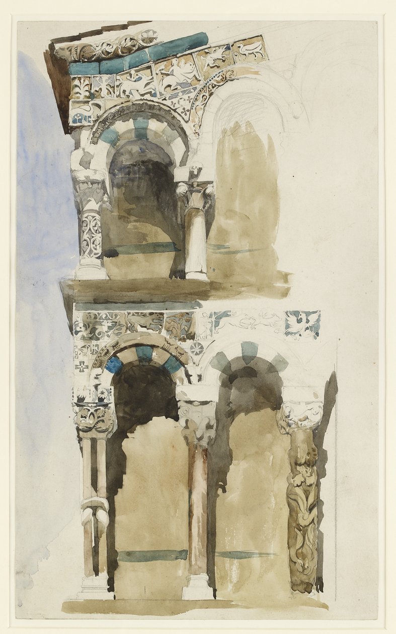 En del af facaden af den ødelagte kirke San Michele i Foro, Lucca, skitseret i farver, 30. juni - 1. juli 1846 (akvarel over grafit på vævet papir) af John Ruskin