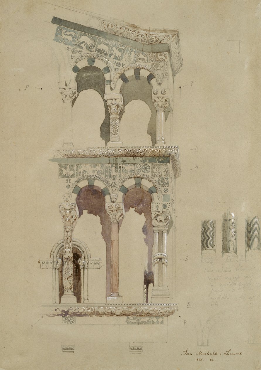 En del af facaden af den ødelagte kirke San Michele i Foro, Lucca, som den så ud i 1845, Ma af John Ruskin