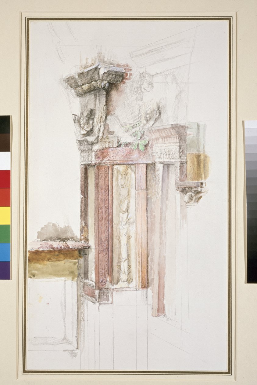 Pilaster på facaden af Sant Anastasia, Verona, juni 1869 (wc & bodycolour over grafit på papir, nogle linjer er linieret) af John Ruskin