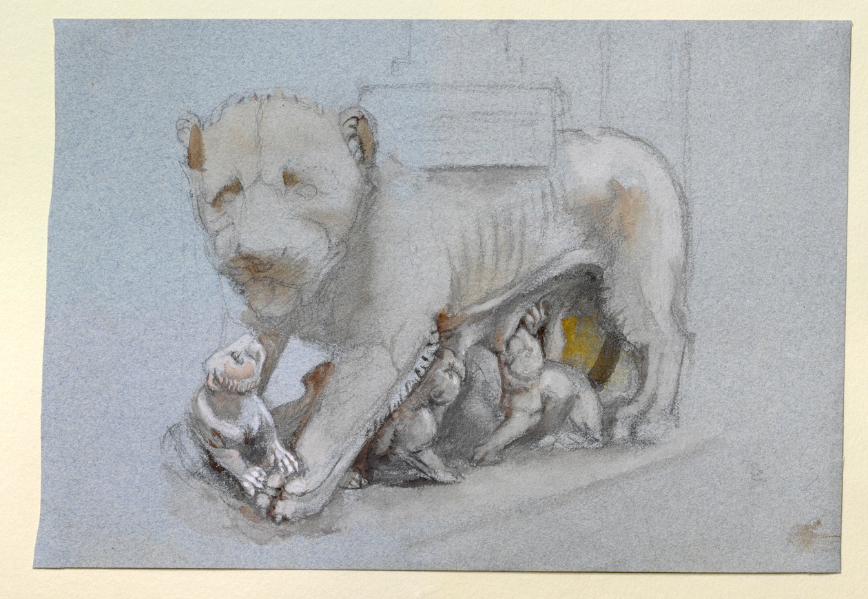 Skitse af løvinde og unger fra Nicola Pisanos Siena prædikestol, juni 1870 af John Ruskin